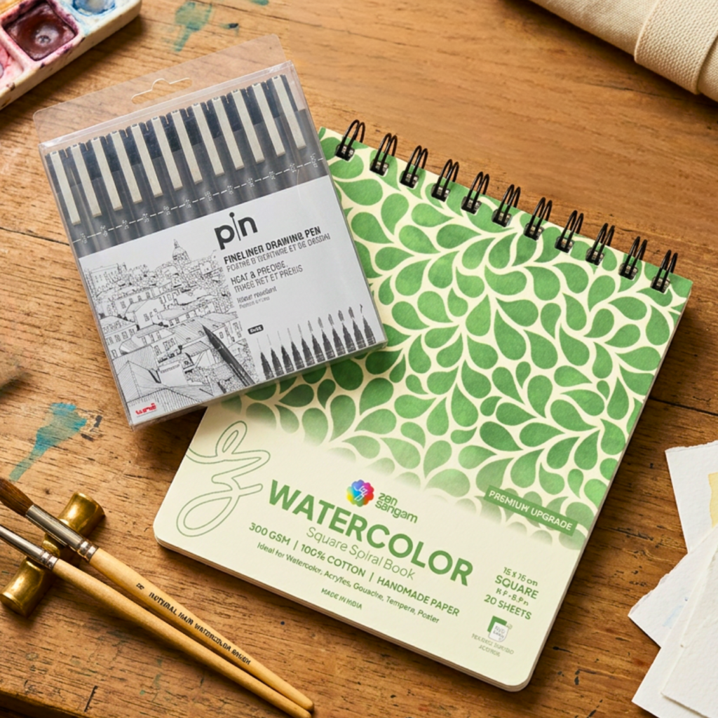 Uni Pin fineliner pens and Zen Sangam watercolor sketchbook on wooden art desk